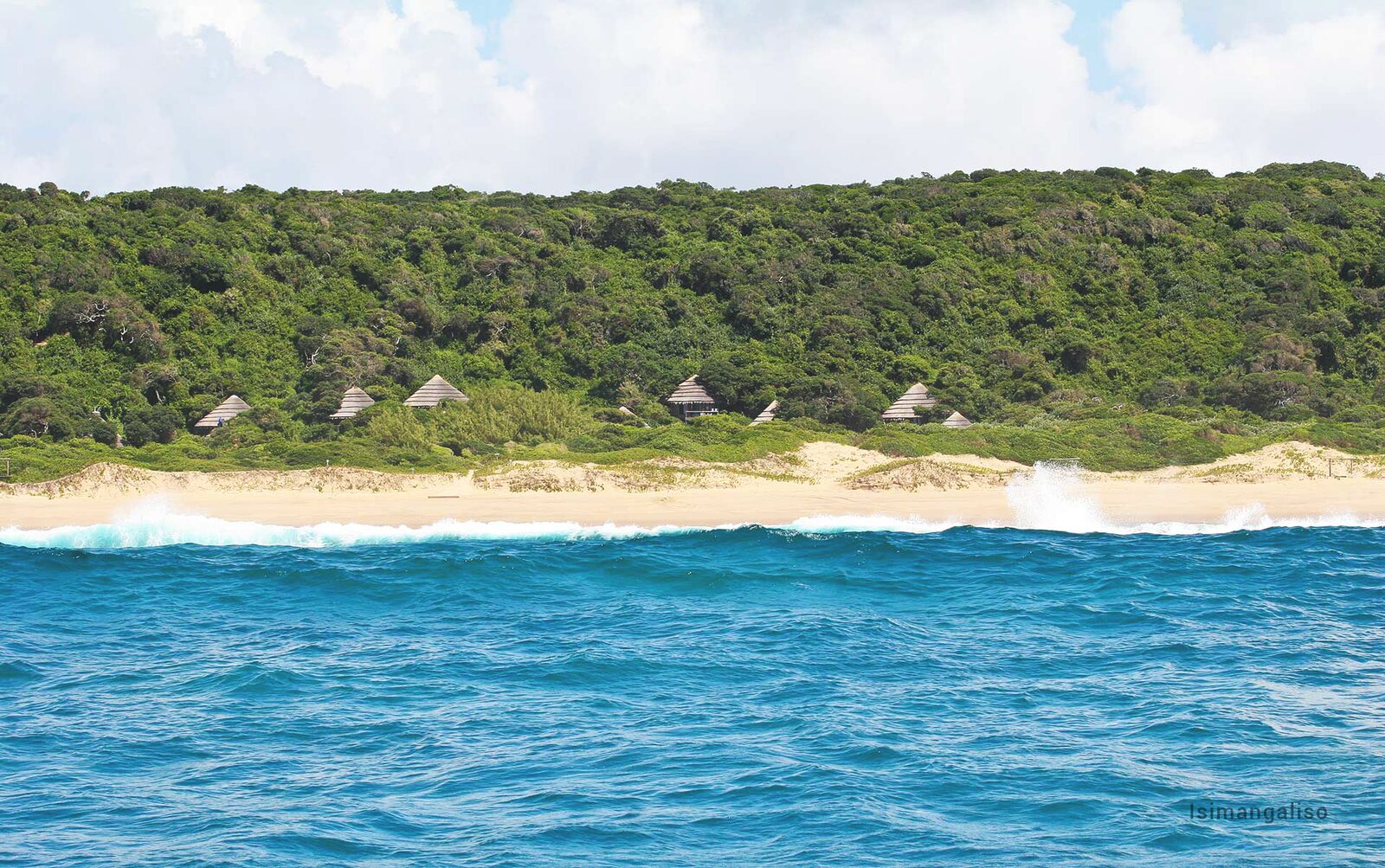 Thatched conical roofs set into a forested dune above the beach, seen from the sea