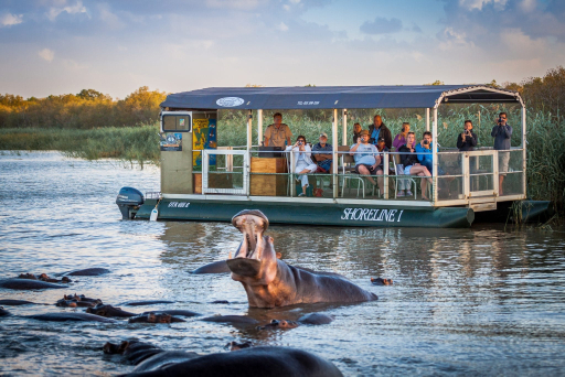 Ferry passing hippos