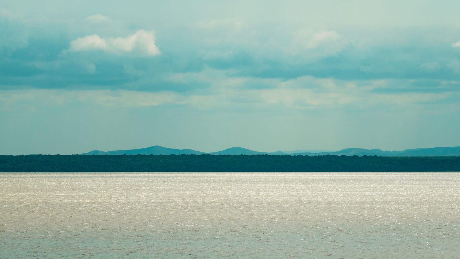 Open water on the estuarine lake, with a low forested shore and distant hills